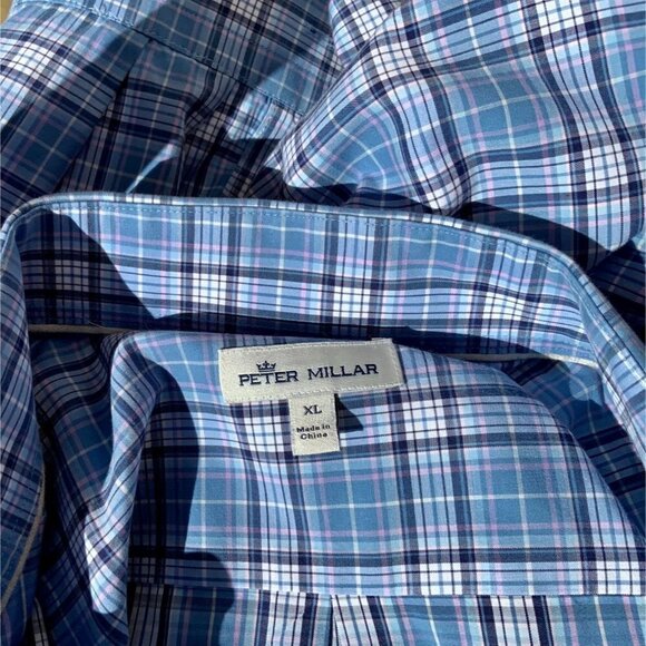 PETER MILLAR DESIGNER BLUE PLAID LONG SLEEVE CLASSIC BUTTON DOWN SHIRT SIZE XL - Picture 3 of 7